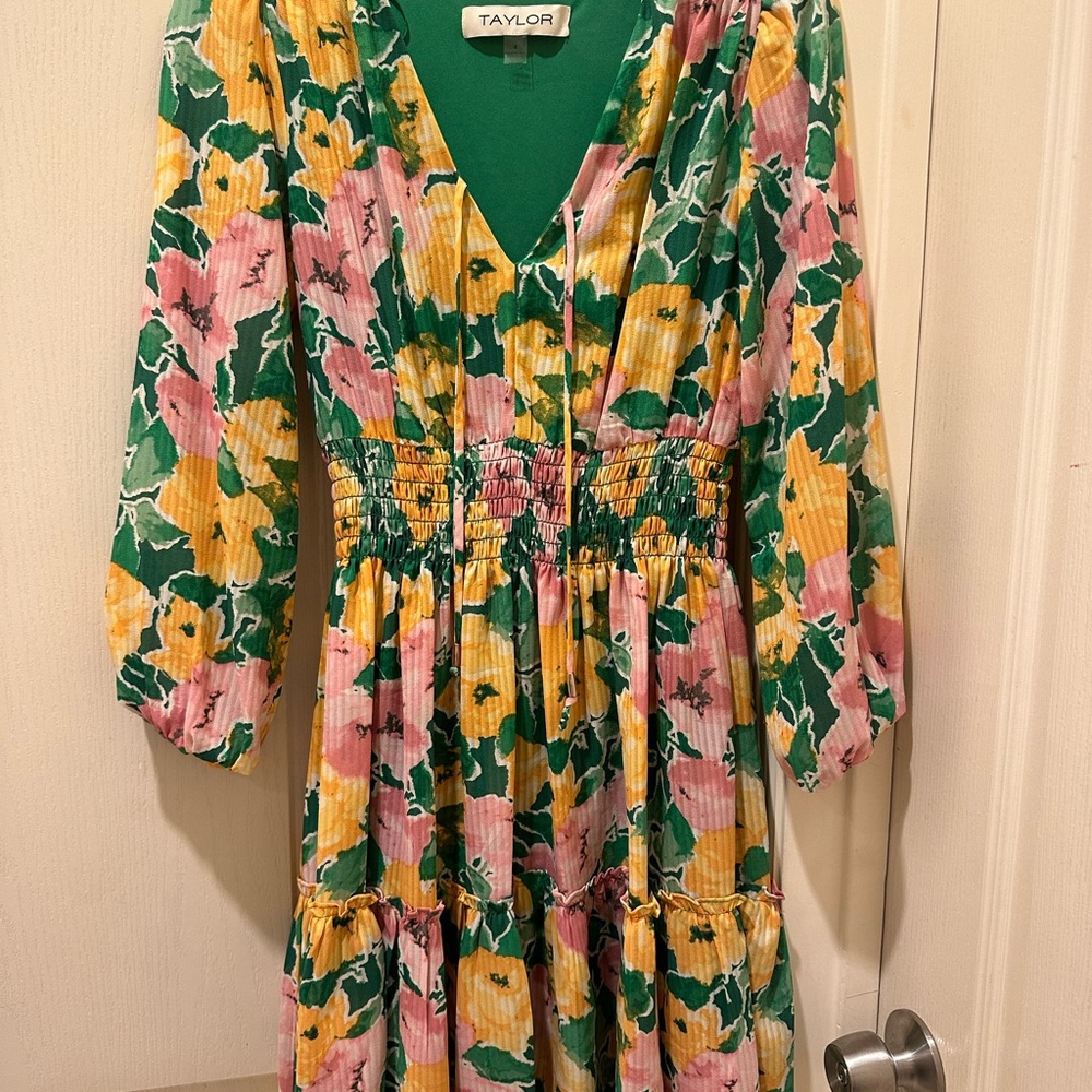 Taylor Kids Casual Floral Dress - Green, Pink, Yellow